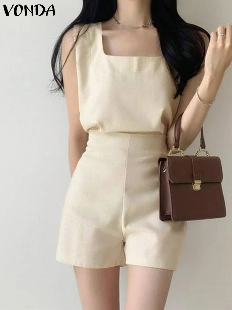 

VONDA Fashion Elegant Women Short Sets 2023 Summer Square Collar Sexy Tank Tops and Shorts Casual Solid Color Matching Sets 2pcs