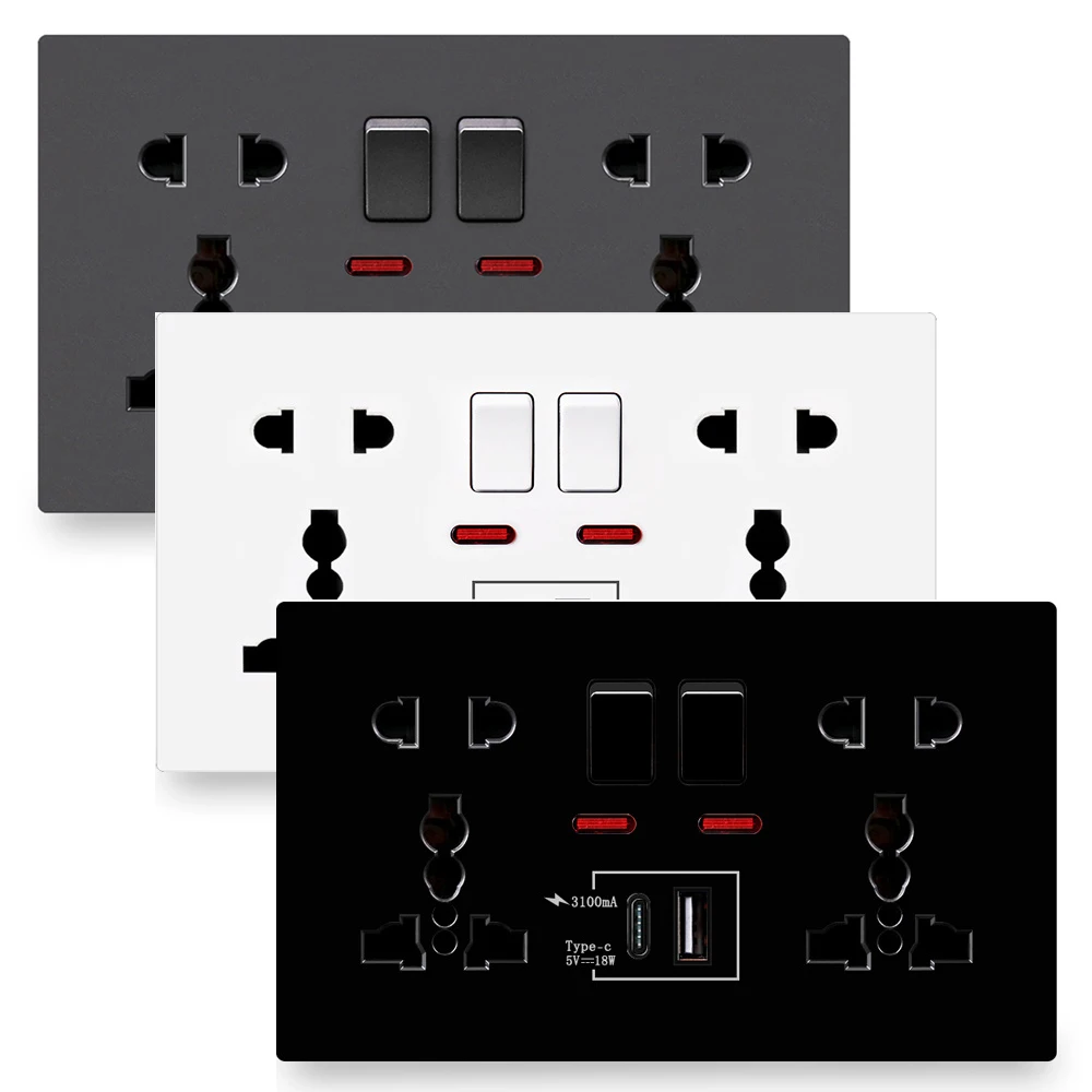 

18W Type-C Fast Charge Wall Outlet 13A Smart Quick Charge Interface Universal Dual Socket Switch Control Type-C USB Port Socket