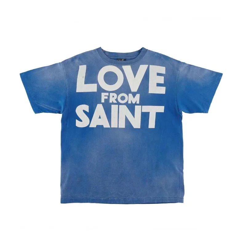 

2023ss Saint Michael love from saint letter print Men Women 1:1Retro Wash Old High Quality Casual Streetwear T-shirt Tees