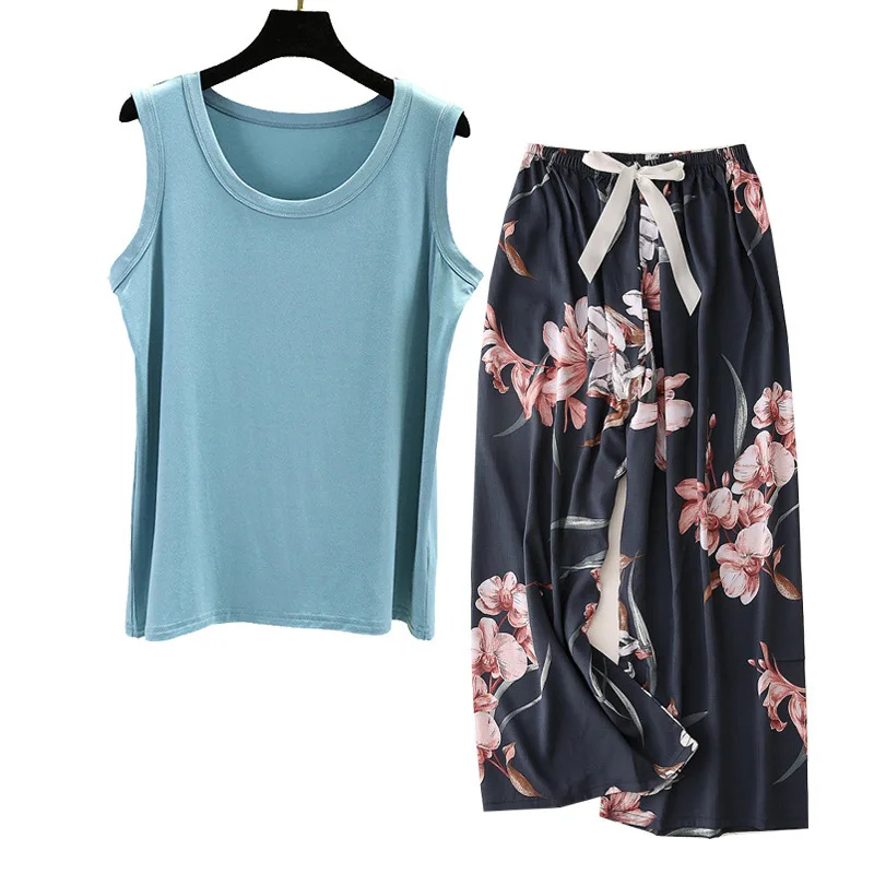 Women's Homewear Pajamas Set Sleeveless Long Pants Flower Print Fashion Pyjama Big Size Cozy Cotton PJS