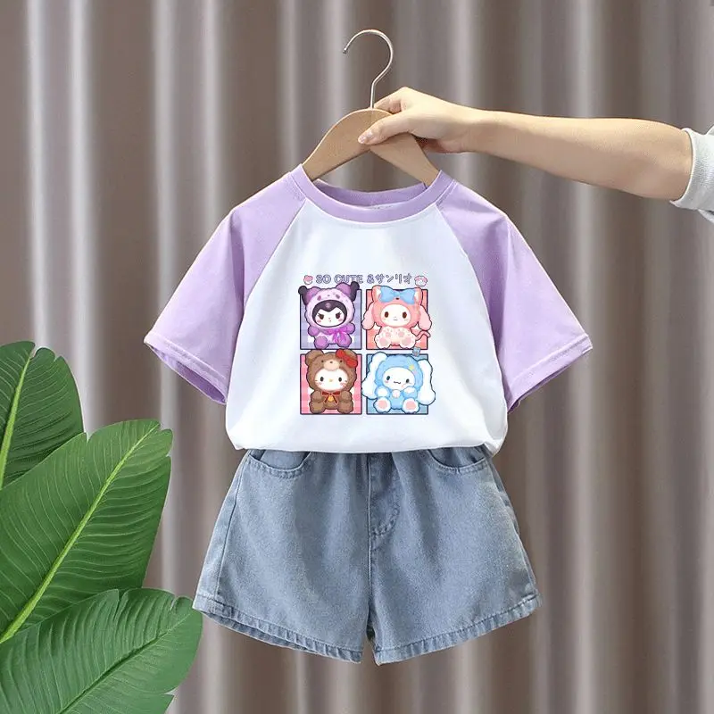 

Sanrio Kuromi Melody Children's Short-Sleeved Shorts Suit Summer 2023 New Comfortable Cotton Top Denim Shorts Two-Piece Set