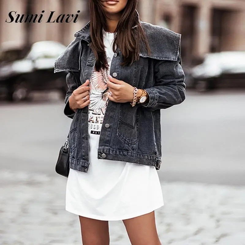 

Women 2022 New Loose Shawl Lapel Washed Denim Coat Spring Autumn Short Denim Jacket Fashion Blue Black Pocket Denim Jacket Mujer