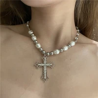 vintage rhinestone cross necklace for women pearl jewelry choker collier femme beads goth chain collar valentines day gift