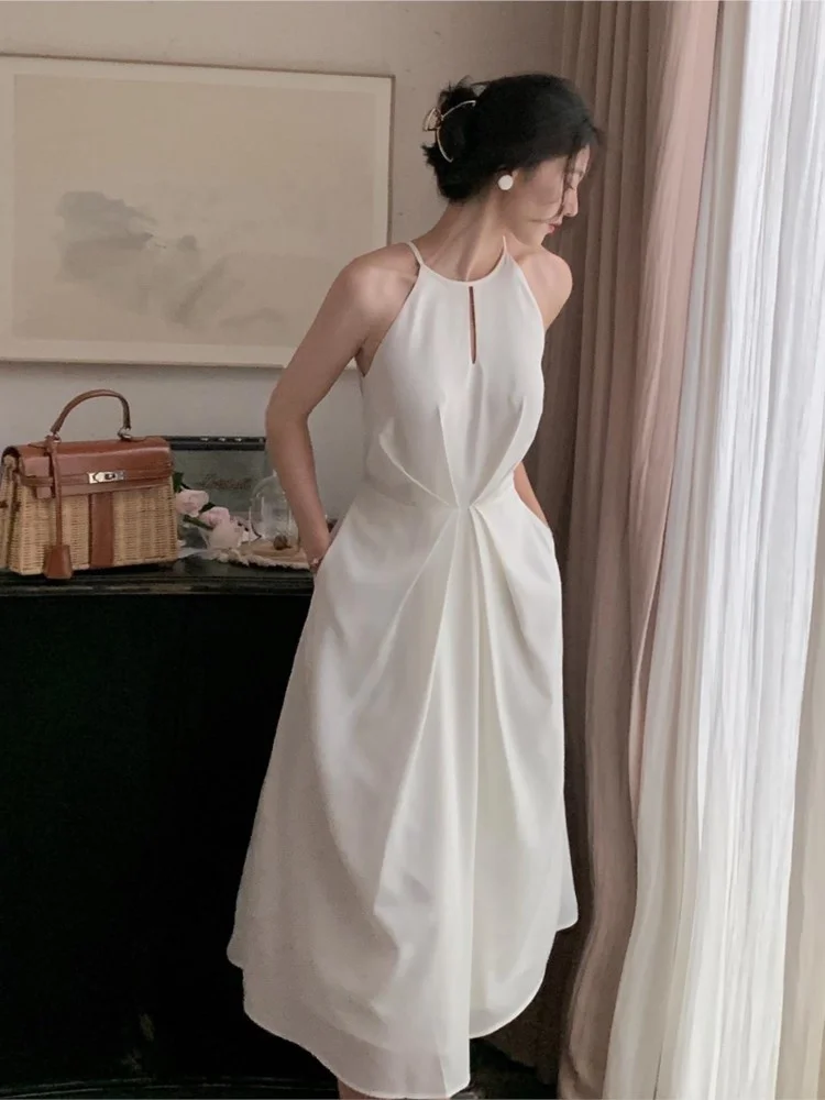 

Women Summer Elegant Halter Midi White Dress Vintage Sleeves Spaghetti Strap Sexy Vestidos Famale Fashion Party Clothing