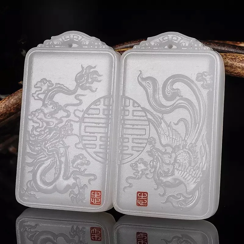 

Natural Chinese White Jade Hand Carved Dragon and Phoenix Pendant Fashion Boutique Jewelry Couple Necklace Popular Gift