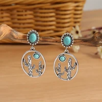 new retro geometric oval hollowed out turquoise earrings personalized cactus earrings