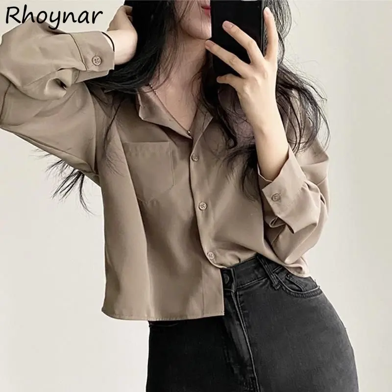 

Crop Pure Shirts Women S-3XL Baggy Long Sleeve Minimalist All-match Teens Simply Kpop Fashion Рубашки Temper Vintage Streetwear