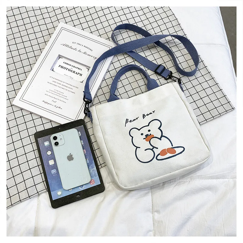 High Quality Casual Fashion Student Crossbody Underarm Shoulder Bear Cute Tote Handbag Summer New Canvas Women's Bag