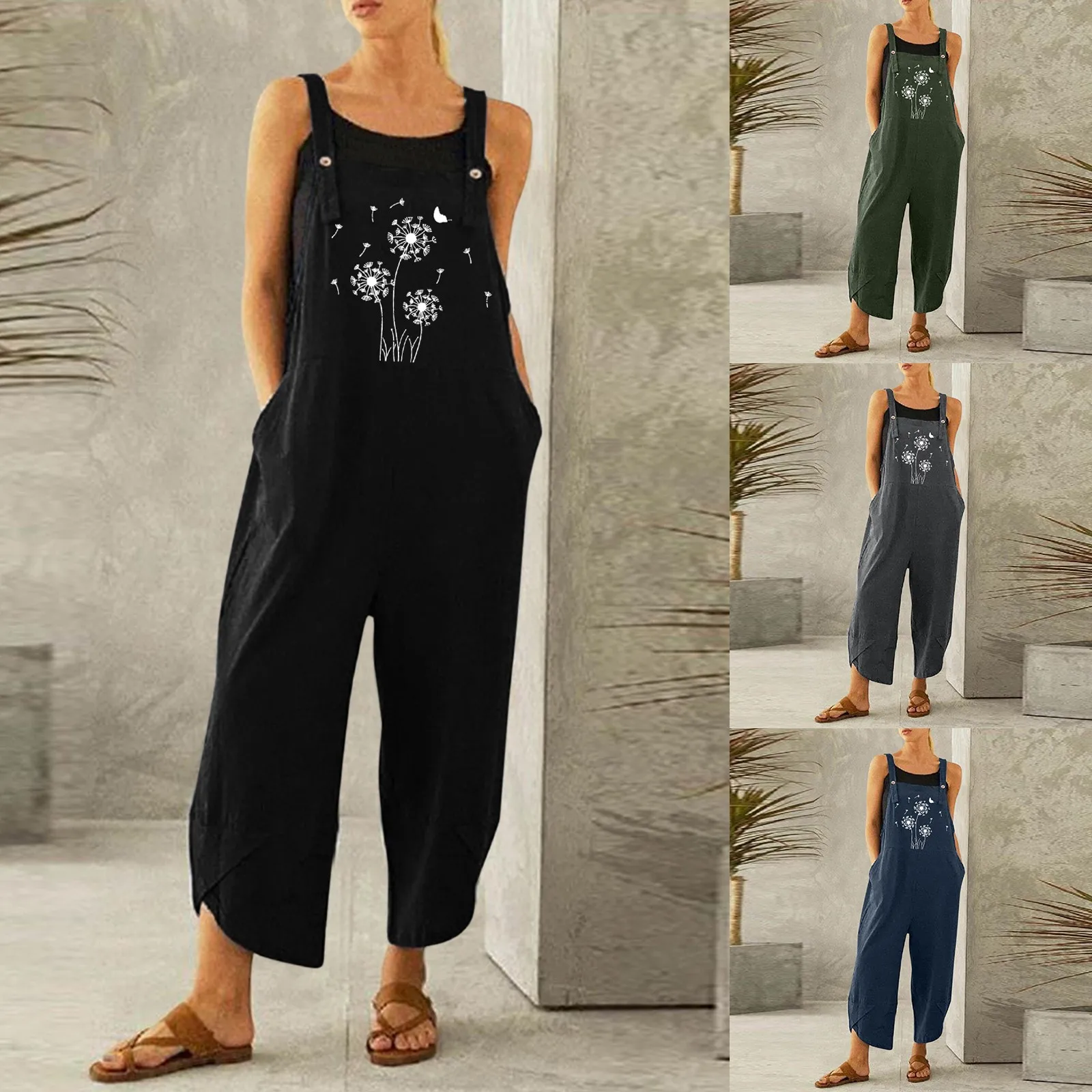 

Summer Womens Overall Dungarees Adjustable Button Cotton Linen Loose Casual Jumpsuit Rompers Playsuit With Navy Blue Rompers