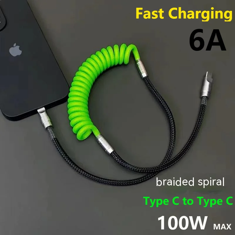 

6A Fast Charging Type C to Type C Cable For Samsung Xiaomi Redmi OnePlus Phone Charger Spring Telescopic Car Cable USB C Cable