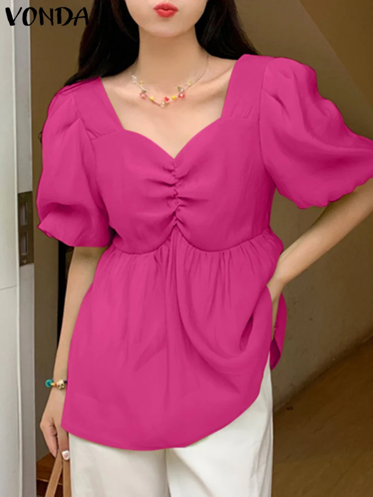 

VONDA Women Tops Summer Short Sleeve Blouses 2023 Fashion Sexy V-Neck Casual Solid Color Shirts Tunic Ruffled Elegant Blusas