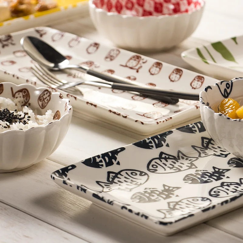 

10-inch cartoon rectangular plate Japanese and Korean cute style hand-painted underglaze color tableware sushi salad fish dish c