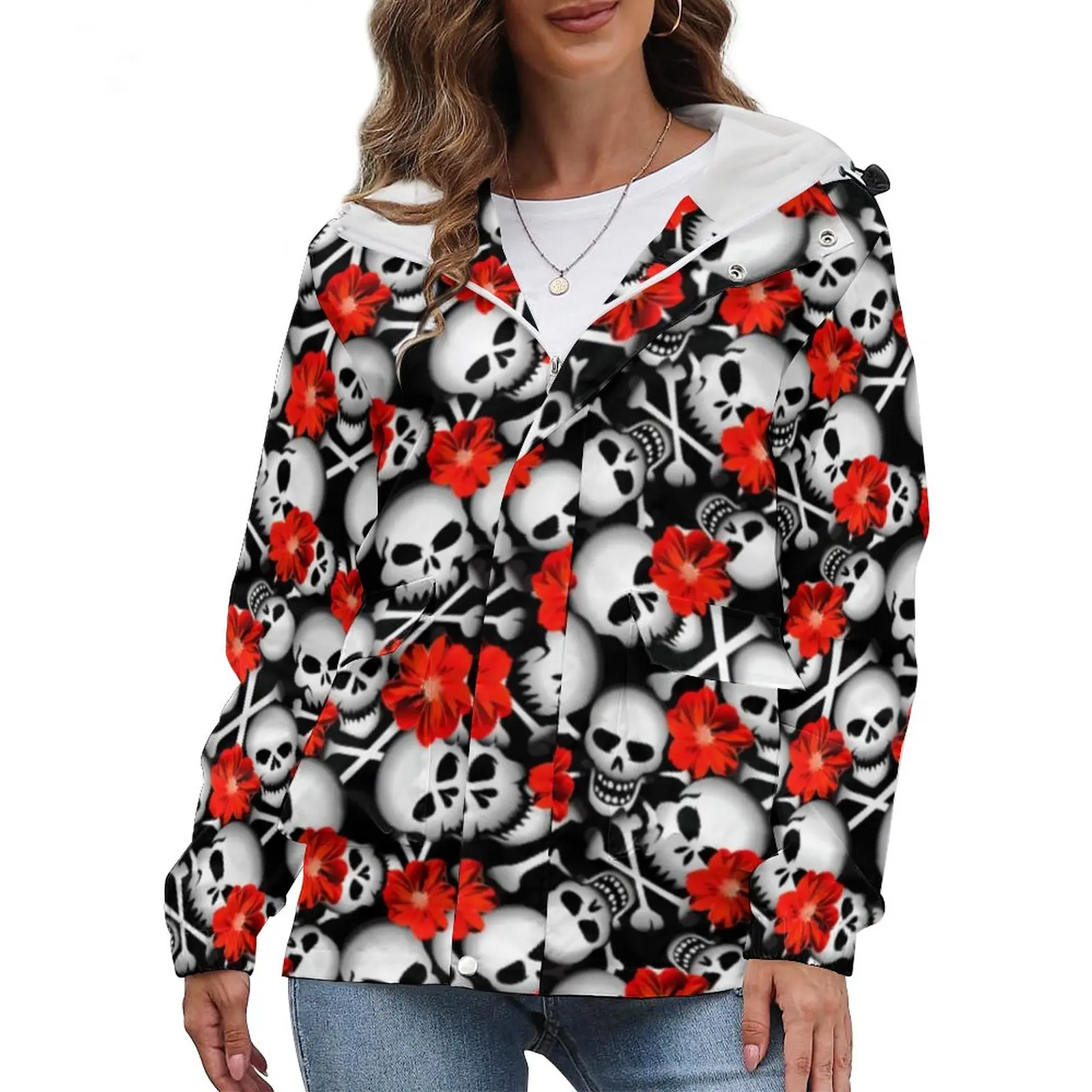 

Sugar Skull Print Thick Jackets Female Red Flowers Loose Casual Winter Coats Y2k Printed Windproof Jacket Large Size 5XL 6XL