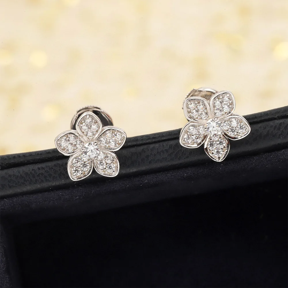 

Trend High Quality Brand Pure 925 Sliver Crystal Flower Blossom Stud Earrings Cute Luxury Jewelry For Women Girl Gift