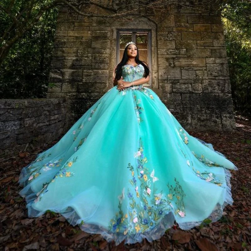 Мятно-зеленые блестящие платья Quinceanera бальное платье с открытыми плечами цветы