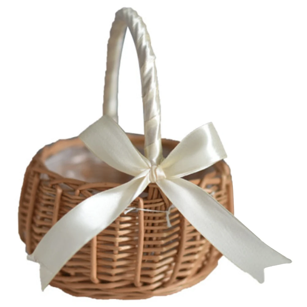 

Woven Flower Basket Rattan Storage Basket Flower Girl Hand Basket Handmade Flower Basket with Bow, S