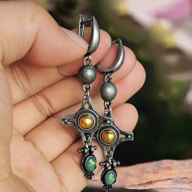

2022 New Vintage Orange Stone Water Drop Long Earring Tibetan Silver Color Handmade Dangle Earrings For Women Statement Jewelry