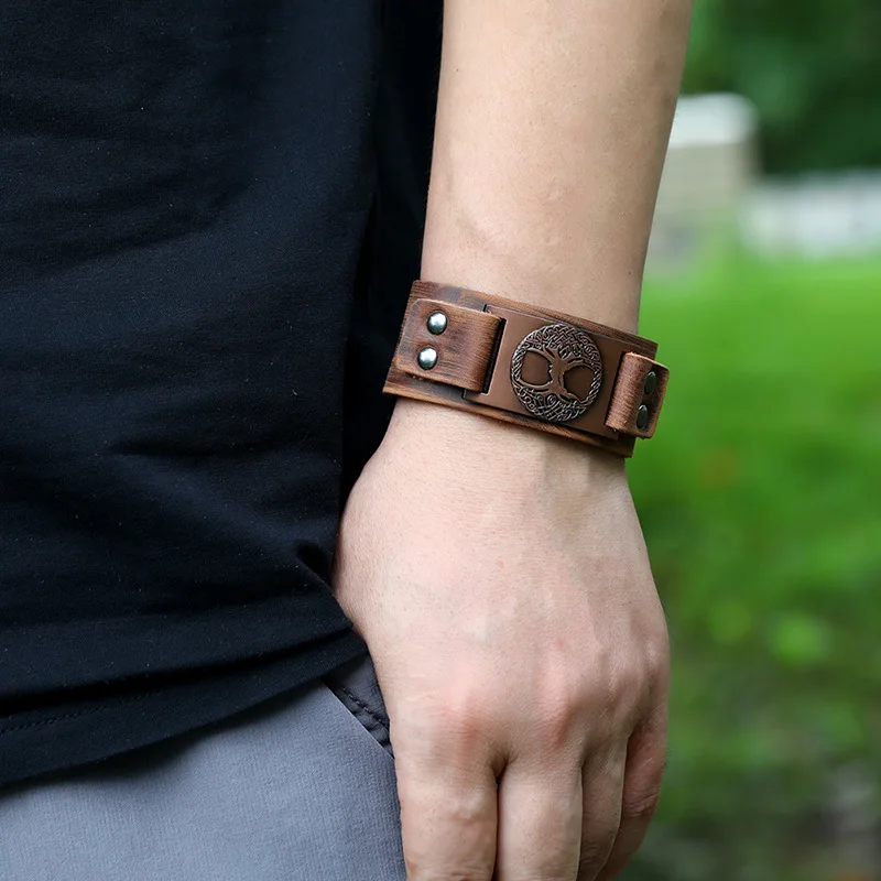 

Lucky Tree Cowhide Bracelet Vintage Double Leather Punk Men's Wide Wristband Viking Totem Mens Bracelet