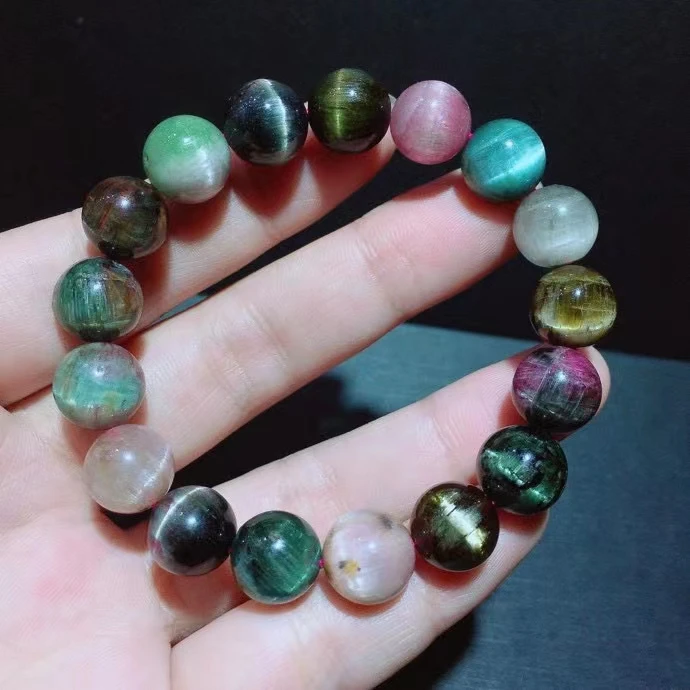 

Natural Colorful Tourmaline Cat Eye Round Beads Bracelet 11.6mm Red Green Tourmaline Jewelry Brazil Women Men AAAAAAA