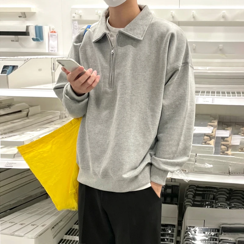 

Men Casual Turn-Down Collar Sweatshirts Pullovers Loose Retro Harajuku Hip Hop Unisex Hoodies Fashion Jumper Color Solid E85