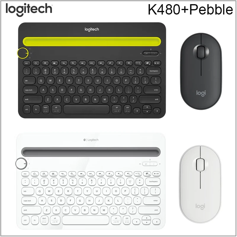 Logitech K480 Pebble M350 Keyboard Mouse Set Bluetooth Wireless Multi-Device Support with Phone Holder Slot for Windows Mac
