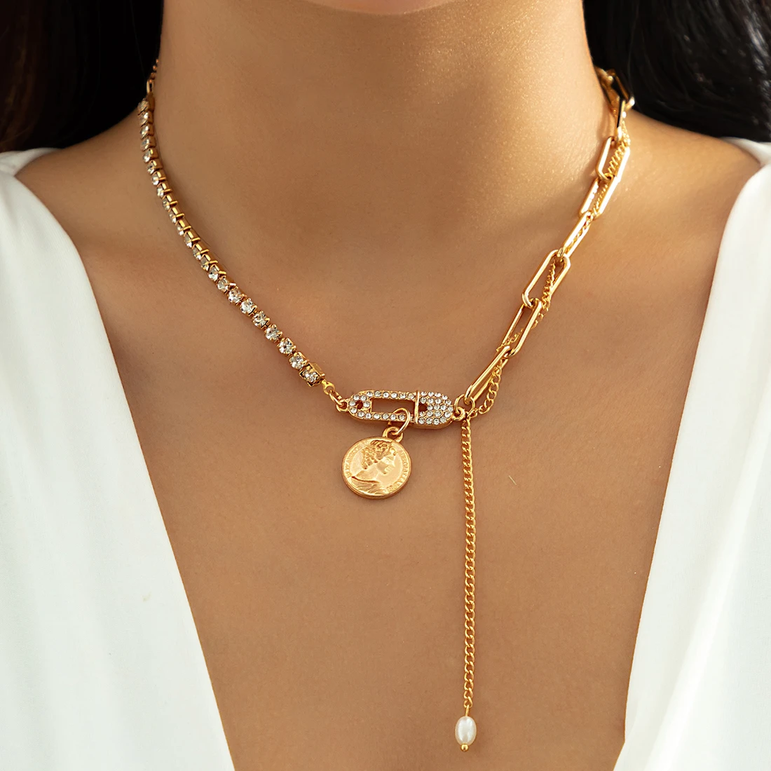 

Lacteo Retro Carved Pattern Coin Pendant Necklace Rhinestone Clasp Charms Choker Splicing for Women Ladies Fashion Jewelry