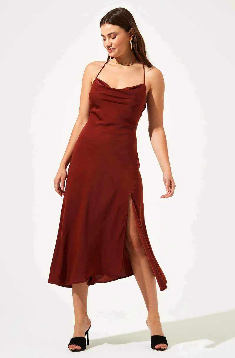 

2022 Summer Vintage Women Satin Slip Dress Spaghetti Strap Side Slit Black Burgundy Silk Sexy Long Party Dress Vestidos
