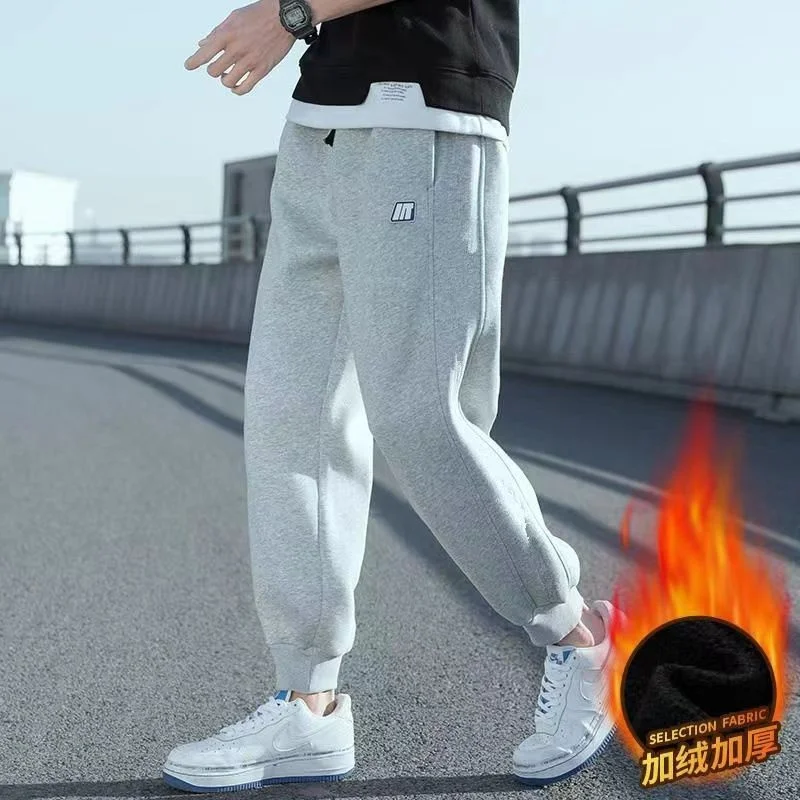 Men's plush thickened gray sanitary pants Men's autumn and winter trendy slim sweatpants Casual versatile leggings