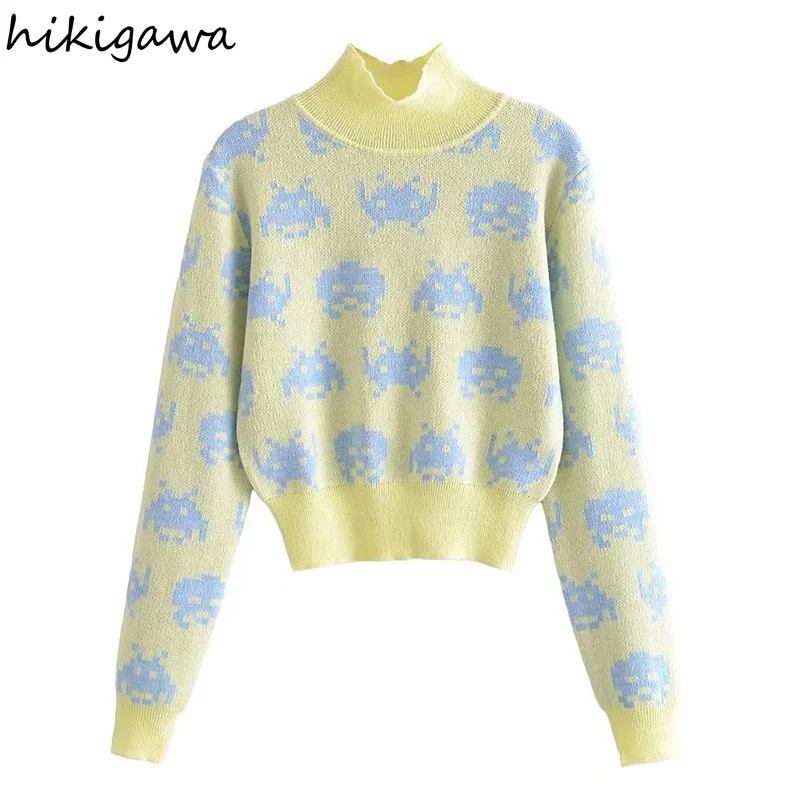 

Hikigawa Women Fashion Spring Half High Collar Casual Jacquard Knitting Sweater Vintage Long Sleeve Pullover Female Chic Tops