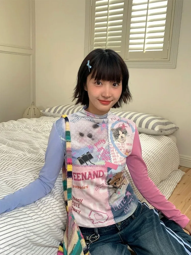 Kimutomo Y2k футболки женские винтажные с рисунком кота милые сексуальные базовые