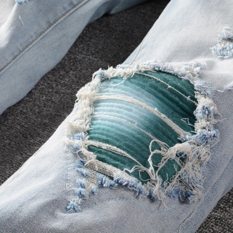 Street Fashion Men Jeans Elastic Retro Light Blue Slim Ripped Jeans Men Punk Trousers Patch Designer Brand Hip Hop Pants Hombre