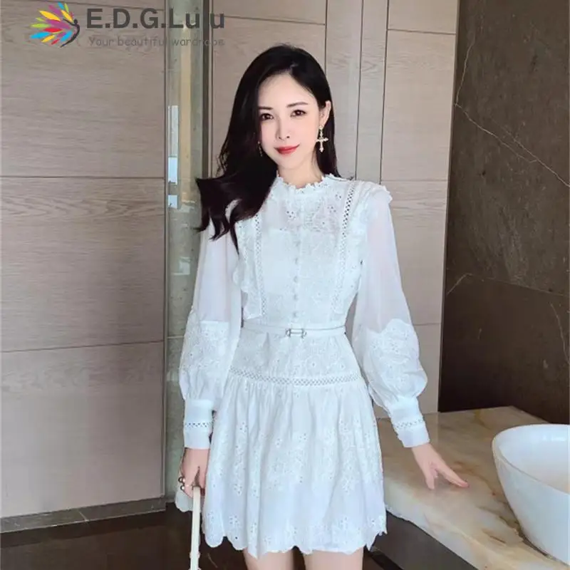 

EDGLuLu винтажное кружевное платье с цветочной вышивкой Весна-Осень женское однобортное короткое белое платье с длинным рукавом 0119