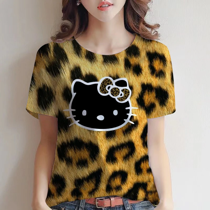 

Fashion Casual Blouse Summer 2020 Hello Kitty T Shirt Loose Casual Top Shirt Leopard Print Cosplay T Shirt
