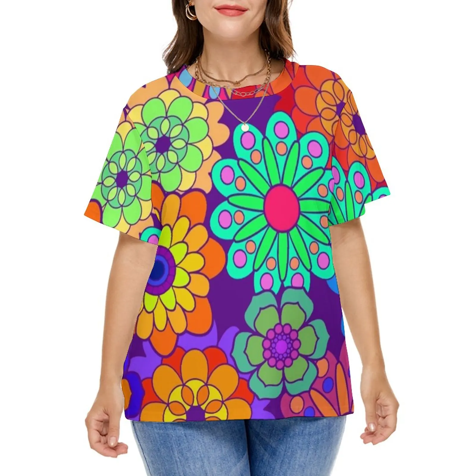 

70S Flower Power T-Shirt Retro Hippy Print Funny T Shirts Short Sleeve Graphic Tshirt Female Classic Top Tees Plus Size 5XL 6XL