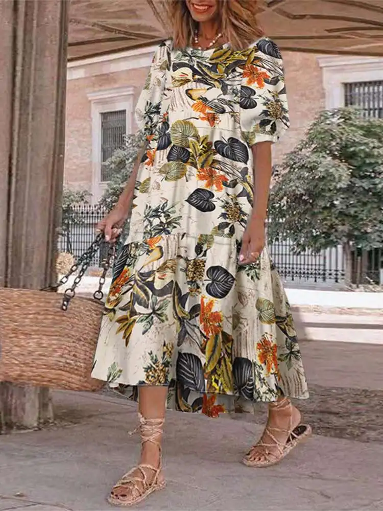 

Oversized Dress Women Summer Bohemian Casual O Neck Short Sleeve Midi Dresses 2022 VONDA Loose Vintage Printed Vestidos Robe