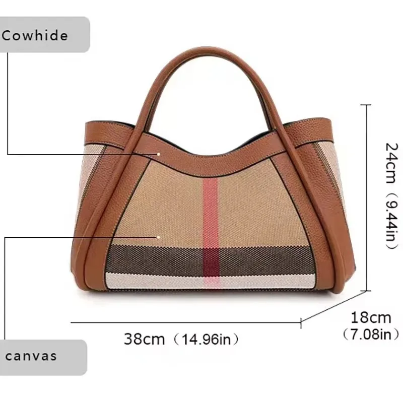 VM-Bolso de mano a rayas para mujer Bandolera grande lona y cuero genuino estilo Retro cuadros 2024 г.