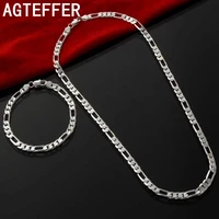 agteffer 925 sterling silver 4mm figaro chain for men women bracelet necklace jewelry set fashion christma gifts charms wedding