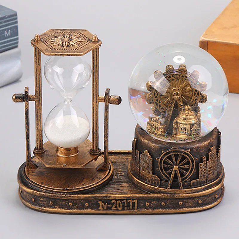 

Retro Tower Hourglass Timer Crystal Ball Music Box Luminous Desktop Ornament with Battery Box Home Decor Christmas Gift For kids