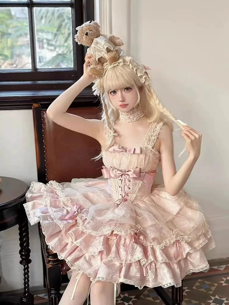 Japanese Sweet Lolita Jsk Dresses Kawaii Women Vintage Elegant Lace Bowknot Princess Strap Dress Harajuku Y2k Clothes Hot Sellin