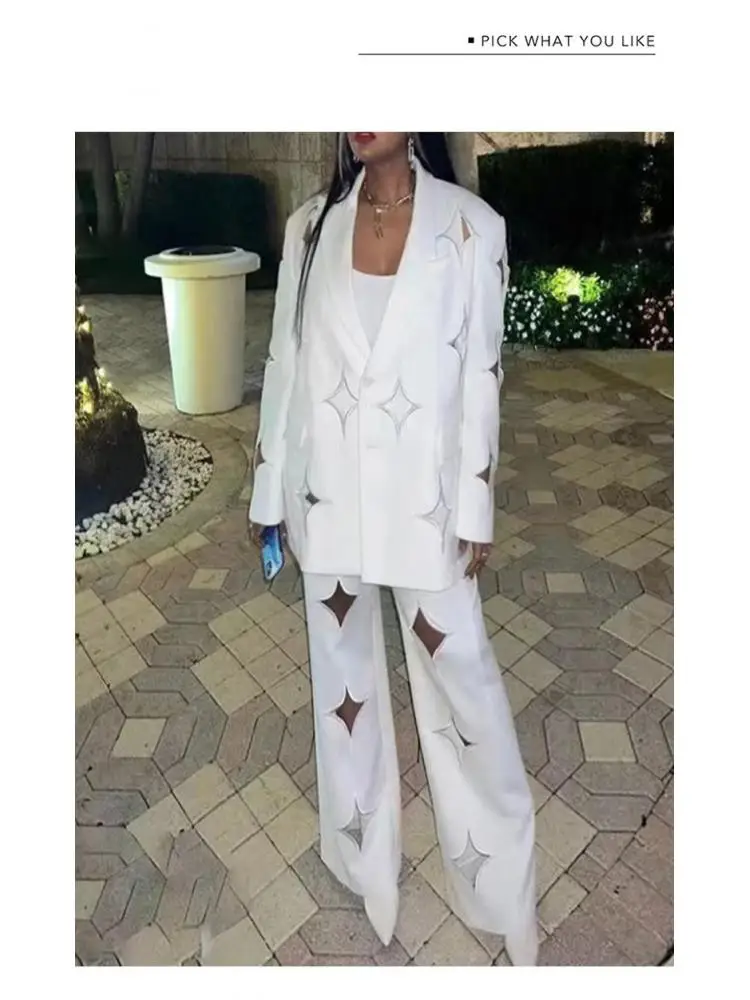 Women Pant Suit Double Breasted Hollow Out Womens Suits Blazer With Pants Fashion Loose Long Blazer Pant Suit Set 2023