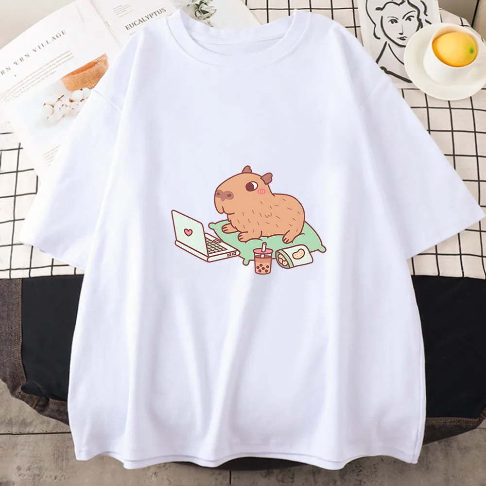 

Capybara Loves Drinking Bubble Tea Tshirt Women Harajuku Graphic Funny Kawaii Tops Unisex Anime Cartoon Casual Fashion Clothing