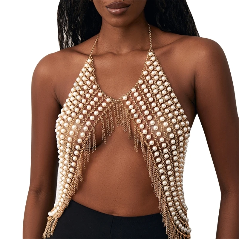 

F42F Women Tops Sequined Pearl Beading Tassels Crop Tops Sexy Camisole Clubwear