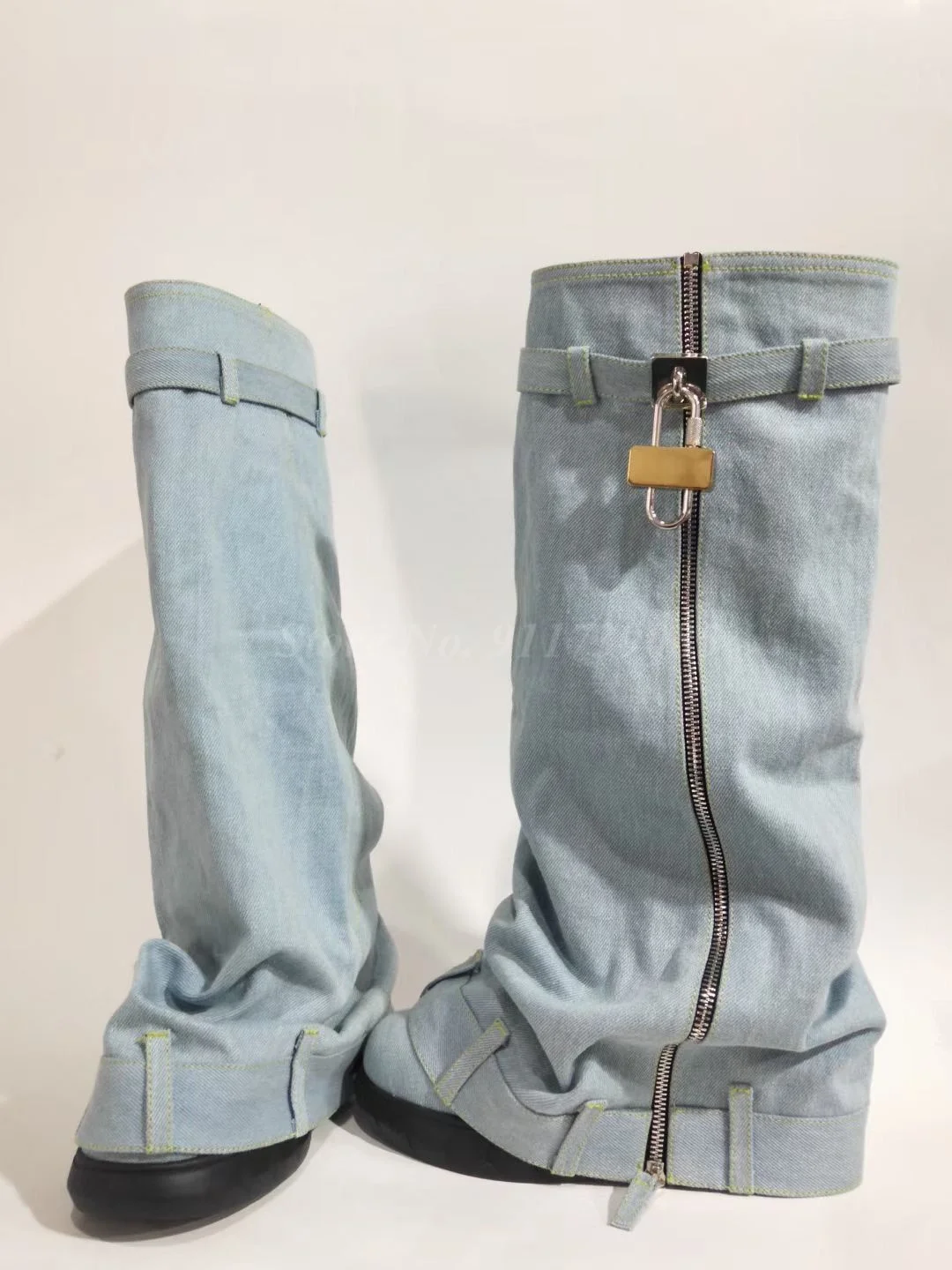 2023 Lock Decor Denim Shark Boots Fashion Thick Bottom Zip Knee High Boots Wedges High Heels Long Boots Women Shoes Plus Size 44