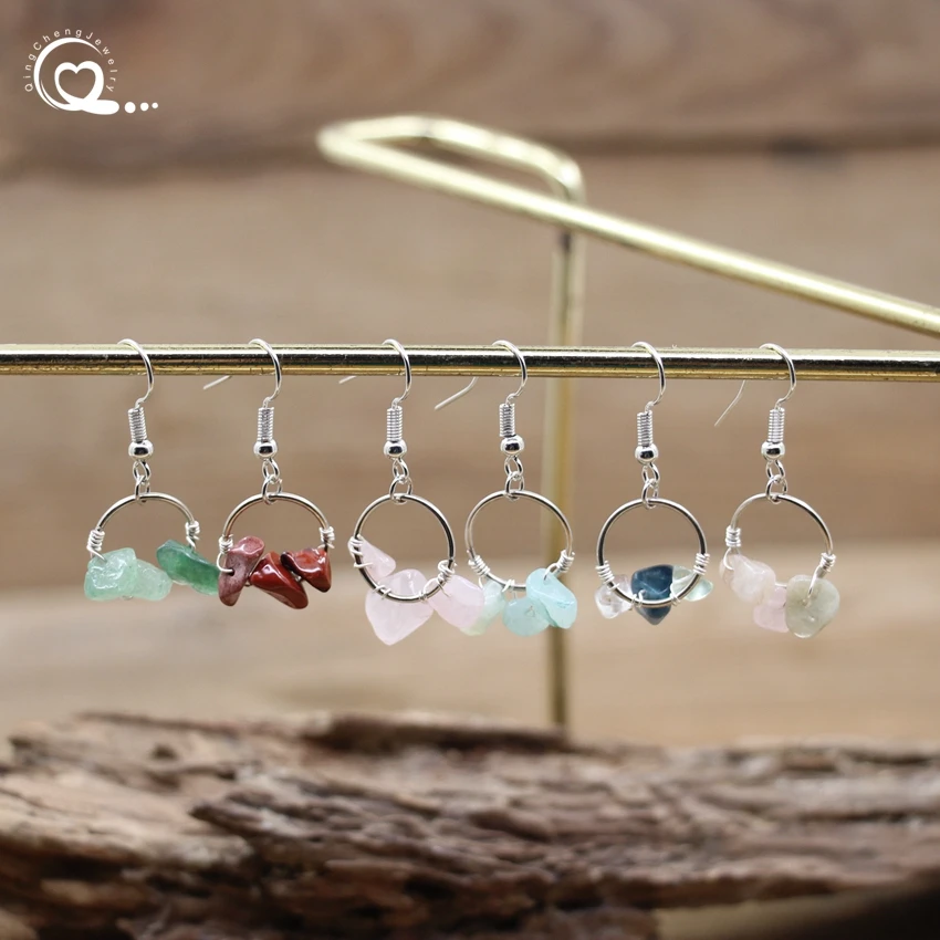 

Bohemia Handmade Natural Stone Chips Hoop Earring Raw Crystal Quartz Gravel Dangle Reiki Hook Eardrop Women Jewelry Gifts QC7044