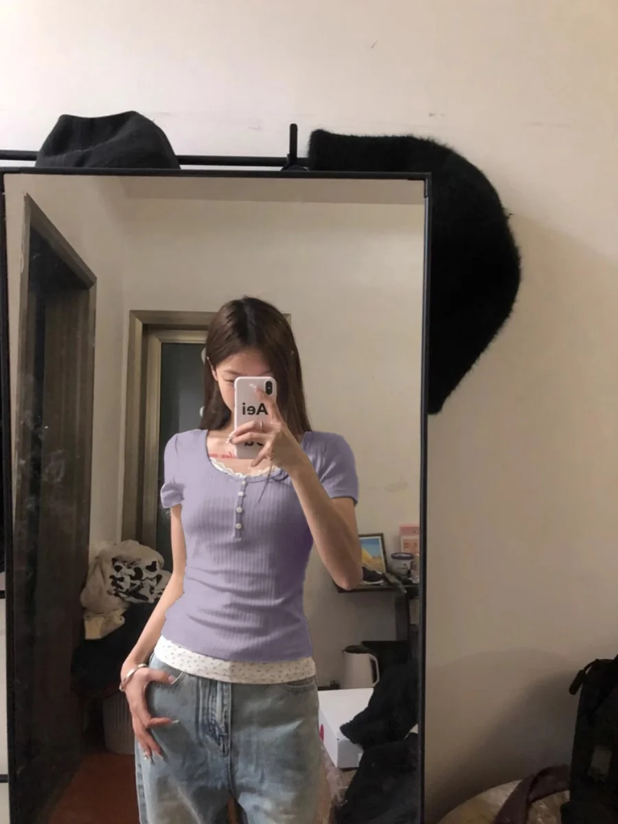 Футболка женская с коротким рукавом фиолетовый двойной топ имитацией допамина