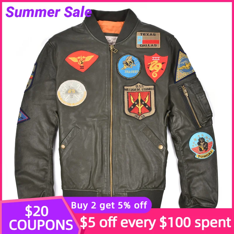 

Мужская кожаная куртка-пилот в стиле милитари, зеленая облегающая Осенняя авиационная куртка из натуральной овечьей шкуры размером 6XL, 2022