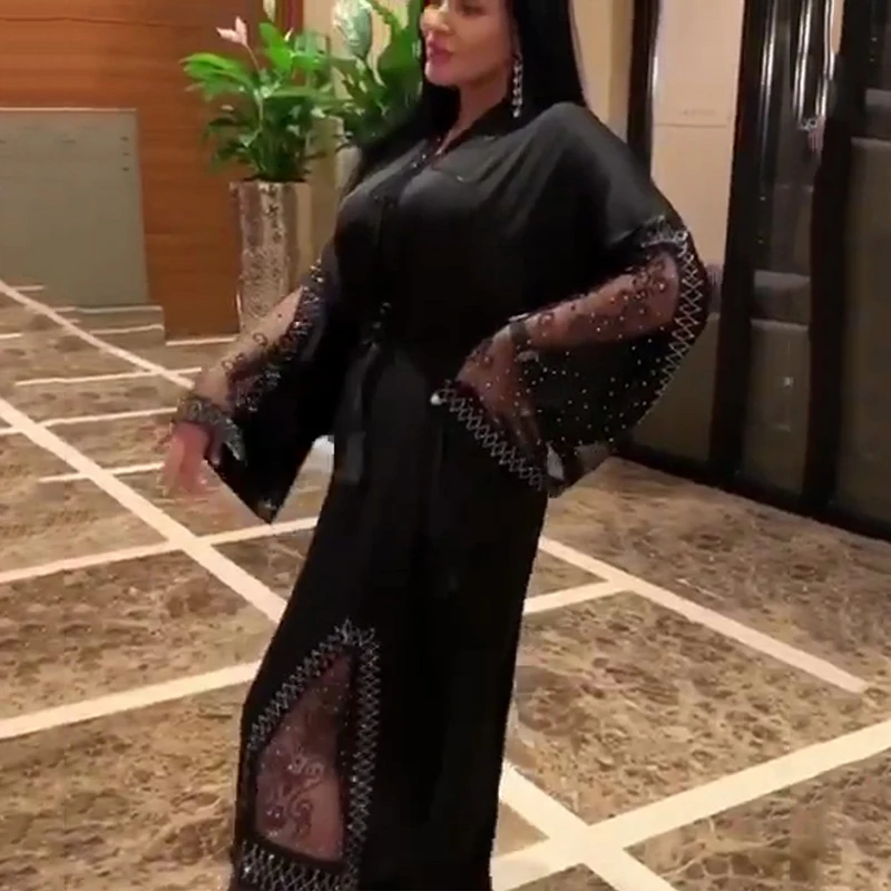 

Black Abaya Dubai Turkey Muslim Hijab Dress 2023 Women Plus Size Diamond Shiny Long Sleeve Dress Bangladesh Lace Maxi Dress Robe