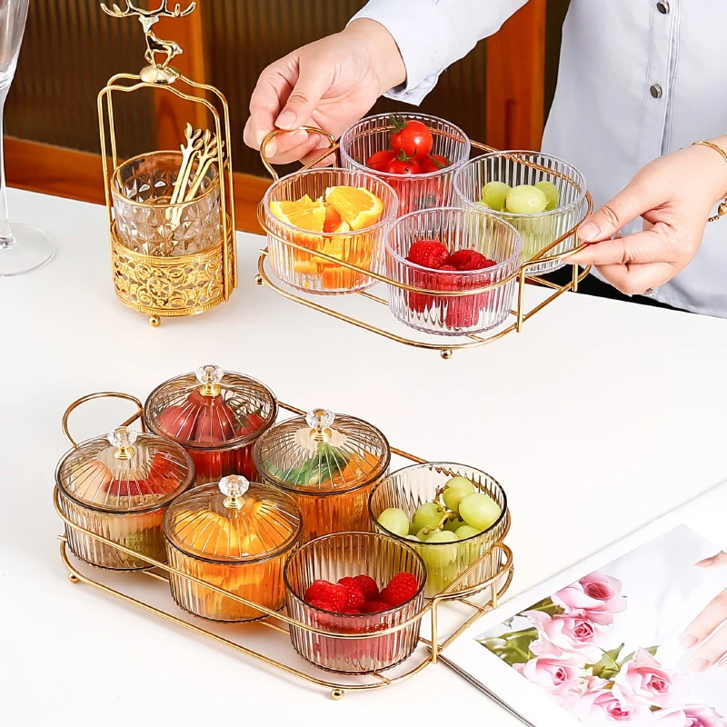 

Dried Fruit Salad Plate Light Luxury Snack Plate Transparent Round Dessert Seasoning Jar Grid Food Storage Preservation Tray Box