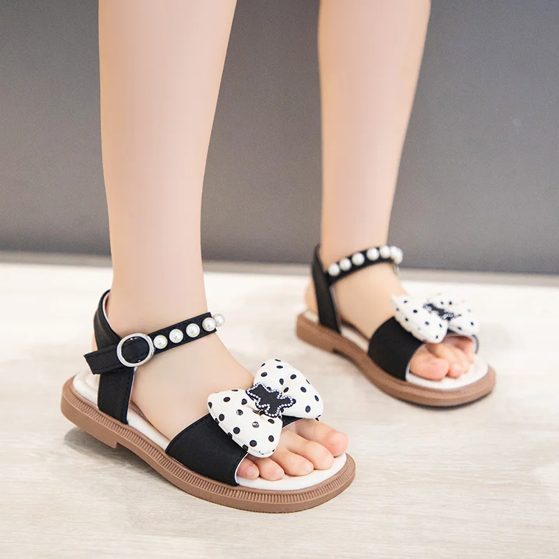 

Girls Sandals Children Fashion Elegant Versatile Polka Dot Printing Bow and Bear Simple Pearls Kids Casual Shoes 2023 Summer New