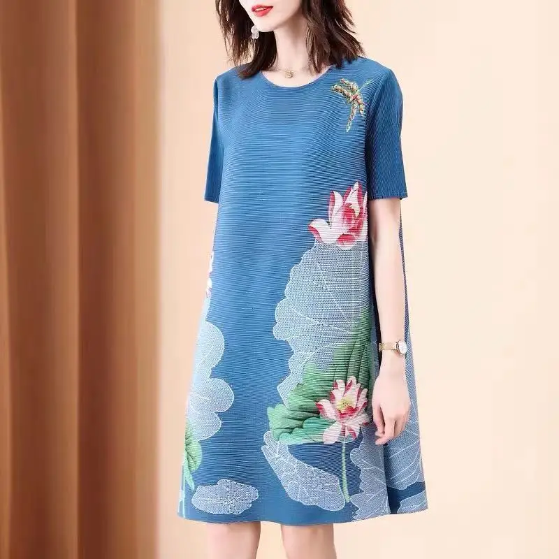 China Wind Printed Winter Casual Dress Female 2023 Summer New Ho Ocean Fashion  MM Loose Skirt Short Sleeve O Neck Dress